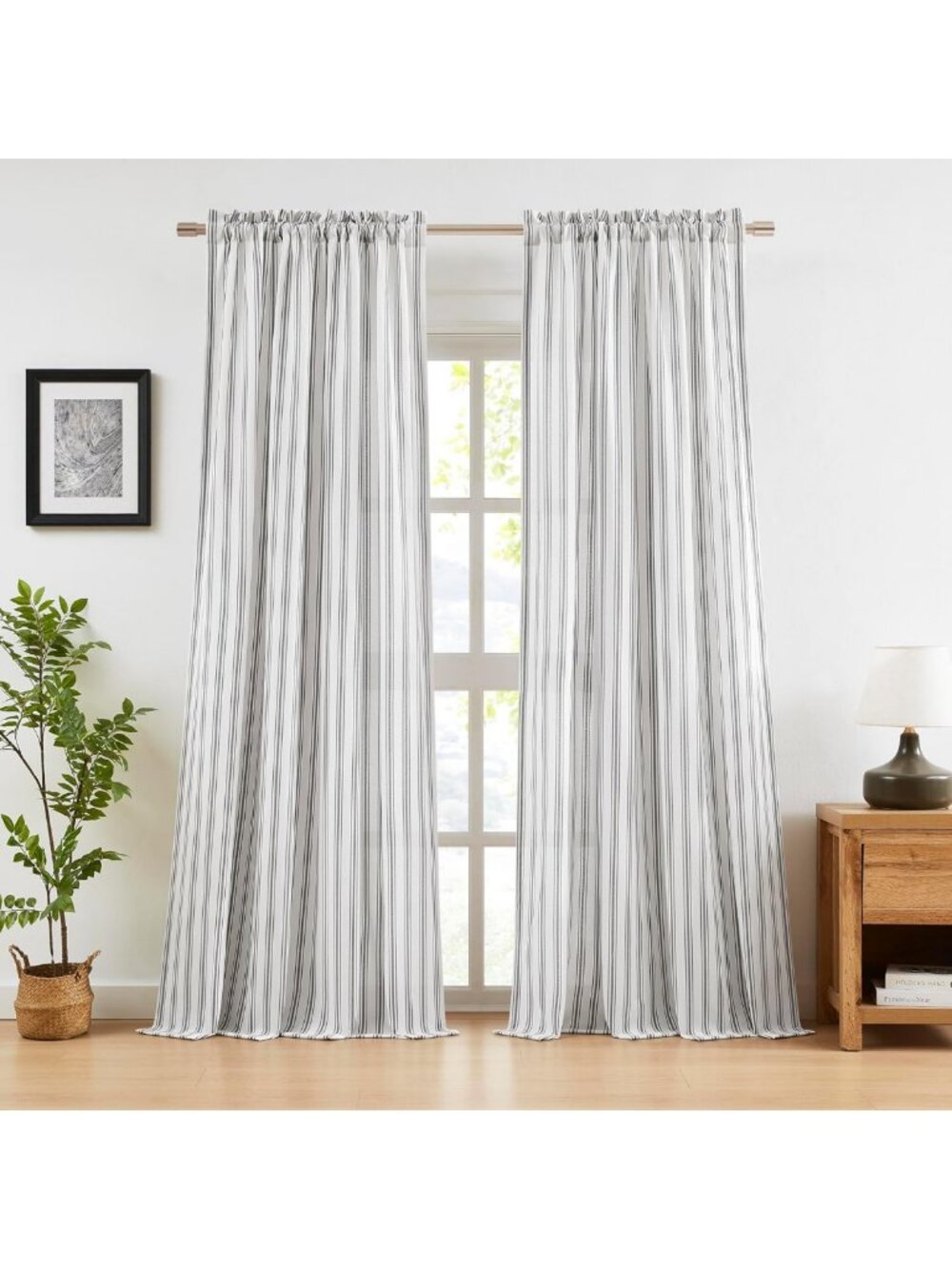 Semi-Sheer Black & White Stripe Cottage Curtains, 84 Inch Length, Chic Decor